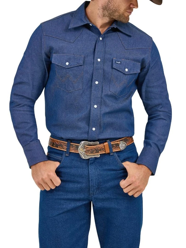 Wrangler Men's Western Work Shirt Firm Finish - Blue (Indigo) - 18-36