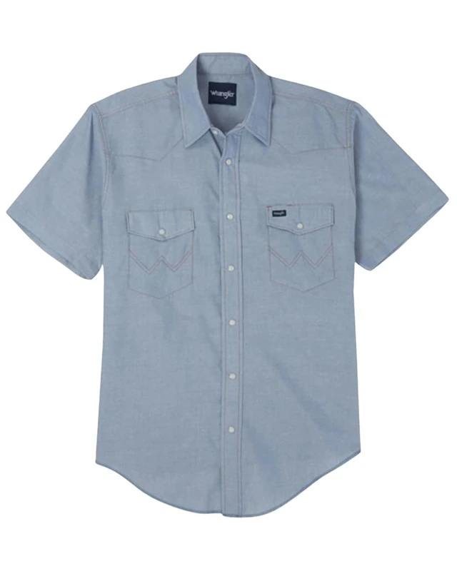 Wrangler Men's Cowboy Cut Western Two Pocket Short Sleeve Snap Work Shirt, Chambray, Medium
