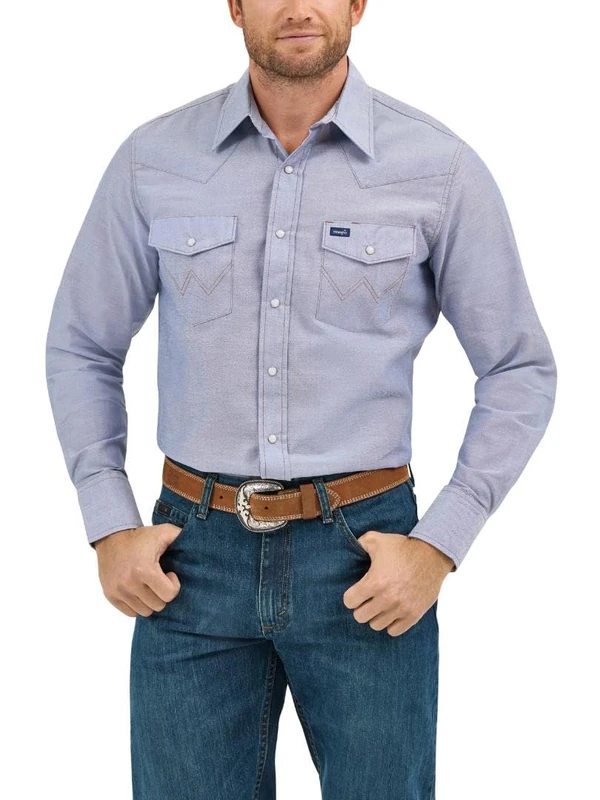 Wrangler Men's Western Long Sleeve Snap Work Washed Finish button down shirts, Light Denim, 15.5 Inches Neck 34 Inches Sleeve UK