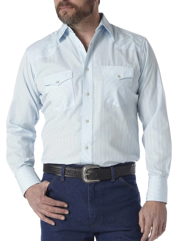 Wrangler Men's Sport Western Two Pocket Long Sleeve Snap Shirt, Blue, S
