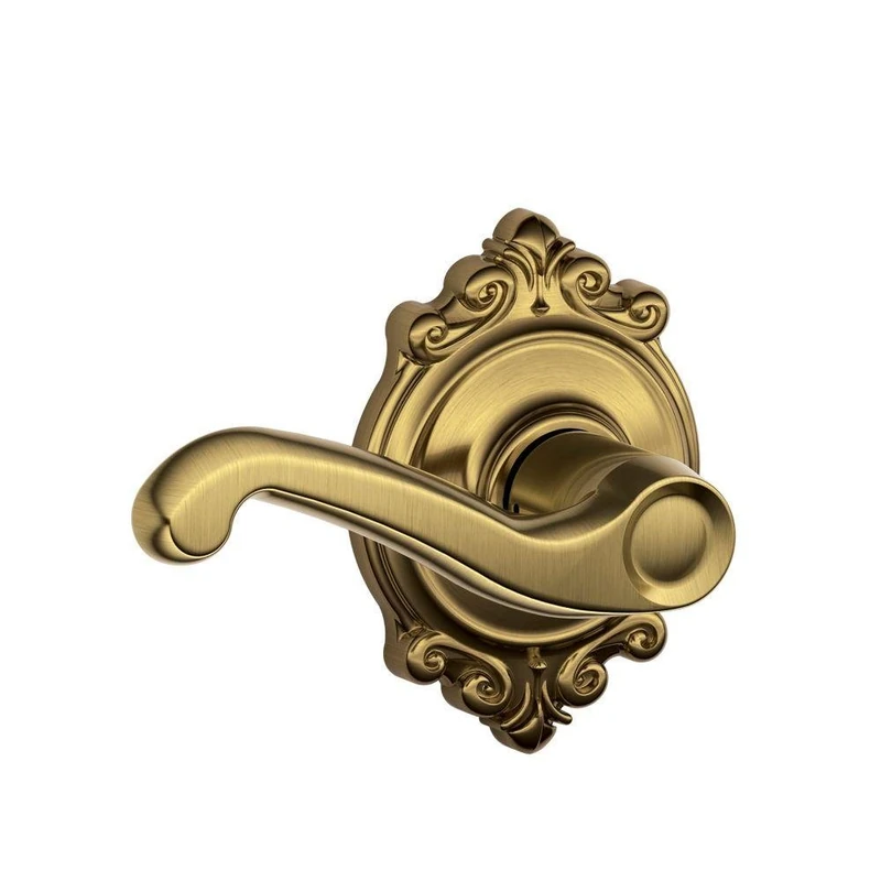 Schlage F10 FLA 609 BRK Brookshire Collection Flair Passage Lever, Antique Brass - Image 1