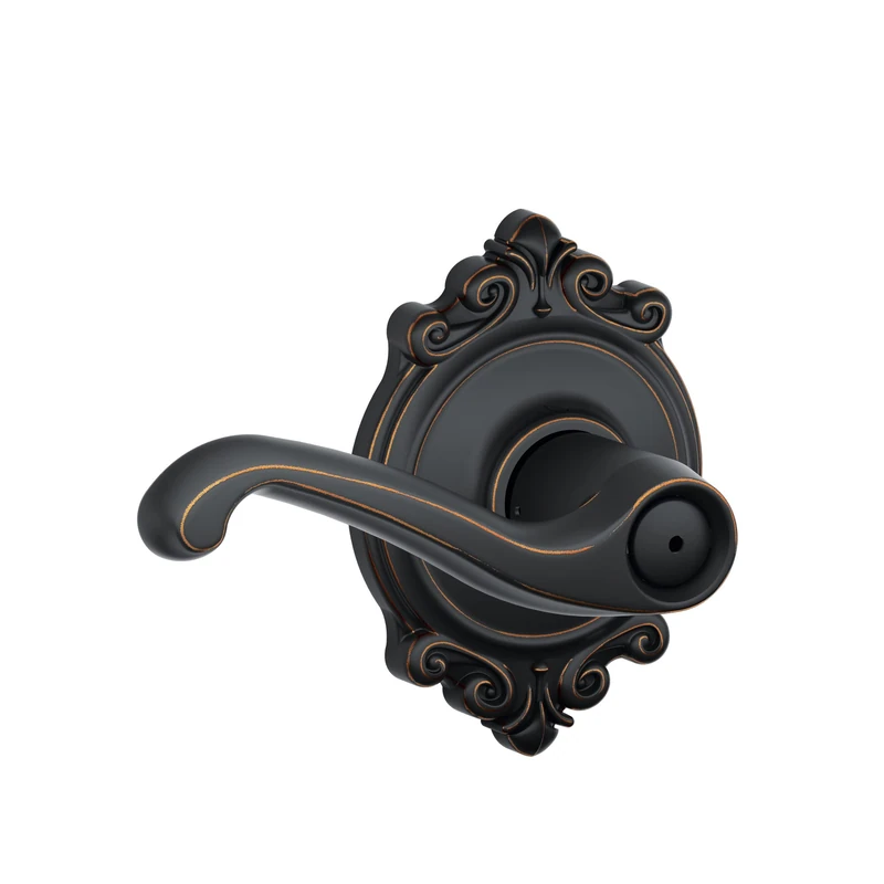 Schlage F40 FLA 716 BRK Flair Door Lever with Brookshire Trim, Bed & Bath Privacy Lock, Aged Bronze