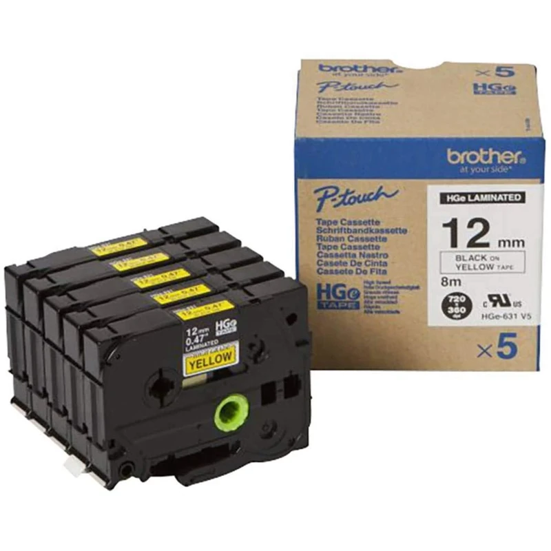 Brother HGe-631V5 Labelling Tape Cassette, Value Pack, Black on Yellow, 12 mm (W) x 8M (L), Laminated, Includes 5 x Tapes, Brother Genuine Supplies