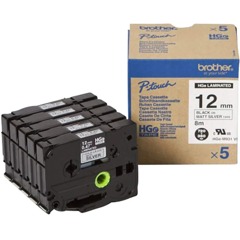 Brother HGe-M931V5 Labelling Tape Cassette, Value Pack, Black on Matt Silver, 12mm (W) x 8M (L), Laminated, Includes 5 x Tapes, Brother Genuine Supplies