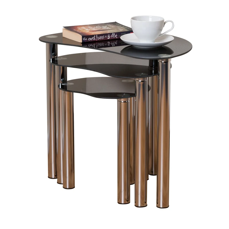 Corona Black Glass Chrome Plated Nest Of 3 Coffee Table Set occasional tables
