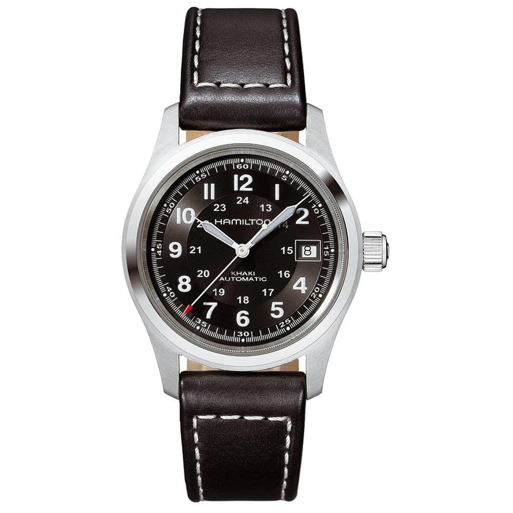 Hamilton Khaki Field Men's Automatic Watch with Black Dial Analogue Display and Black Leather Strap H70455733