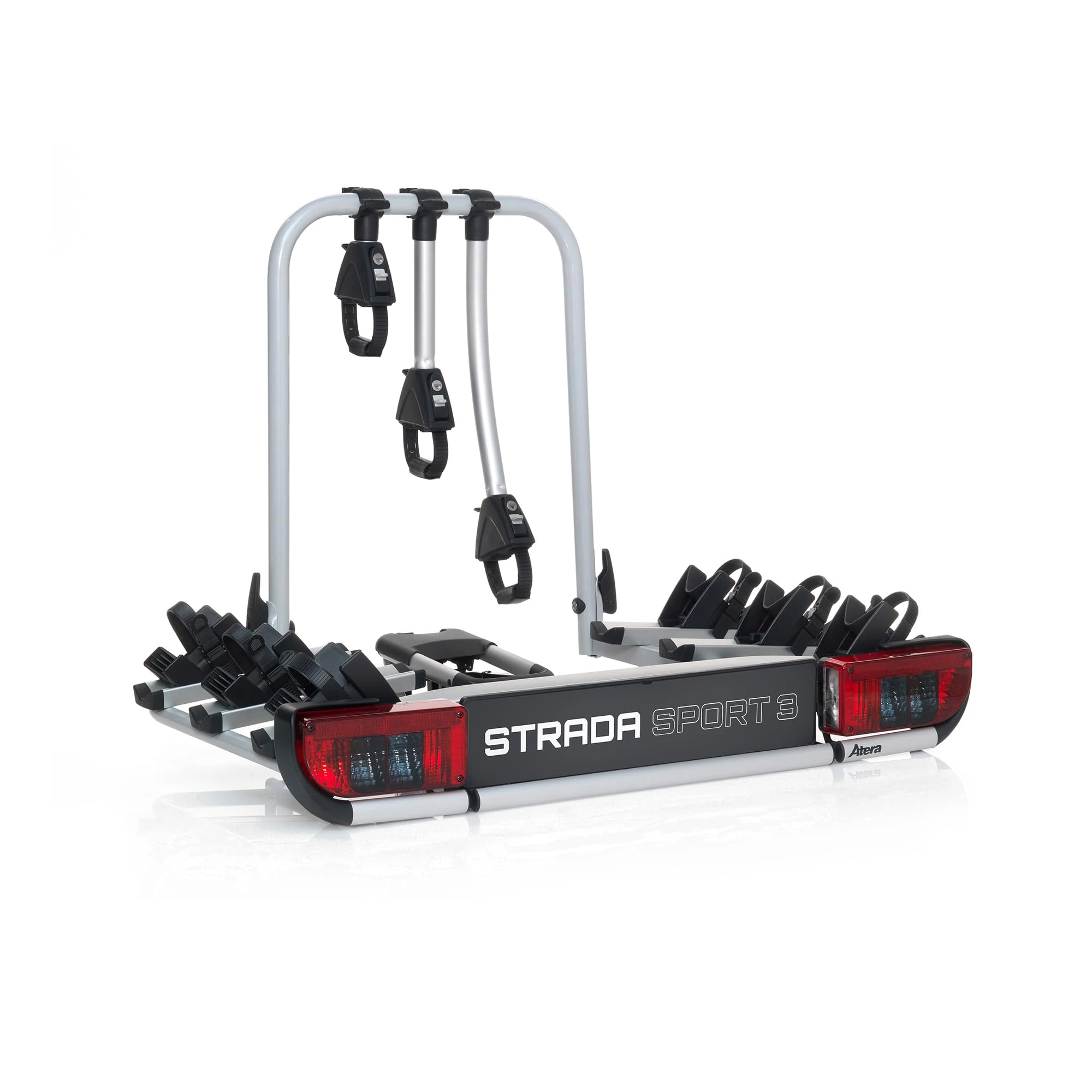 Atera 022695 Strada Sport 3 car bike rack, car tow-bar rack with lights – for 3 bikes, e-bikes – Black Edition