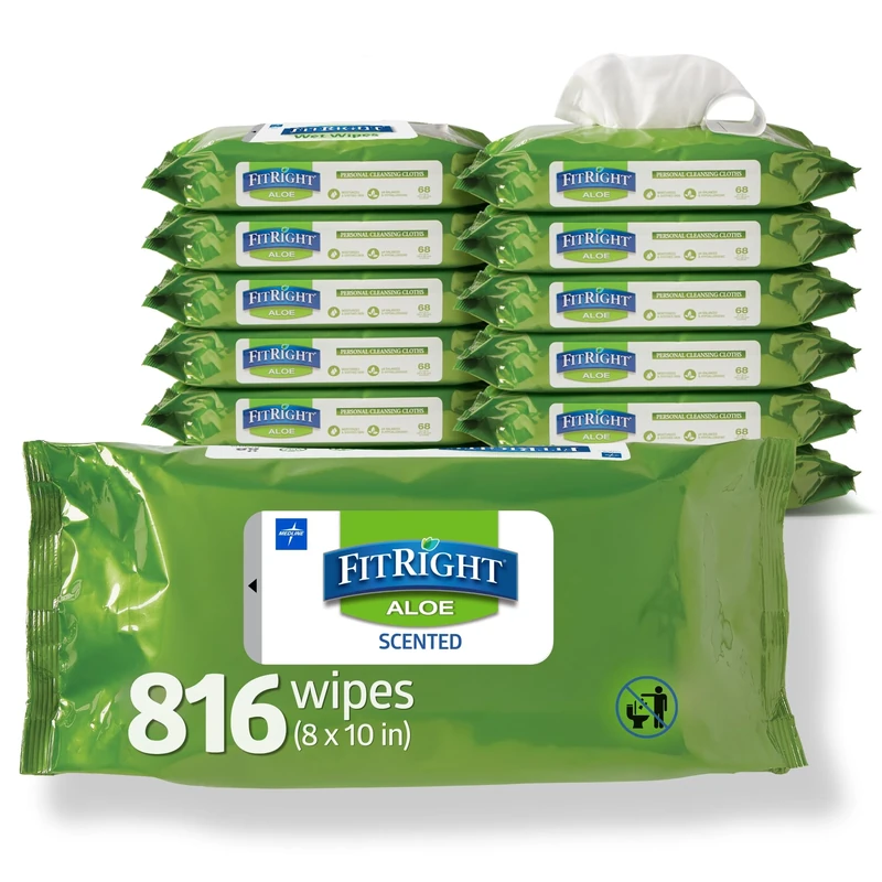 FitRight Aloe Personal Cleansing Cloth Wipes, Scented, 8 x 10 inch Adult Large Incontinence Wipes, 68 count, pack of 12