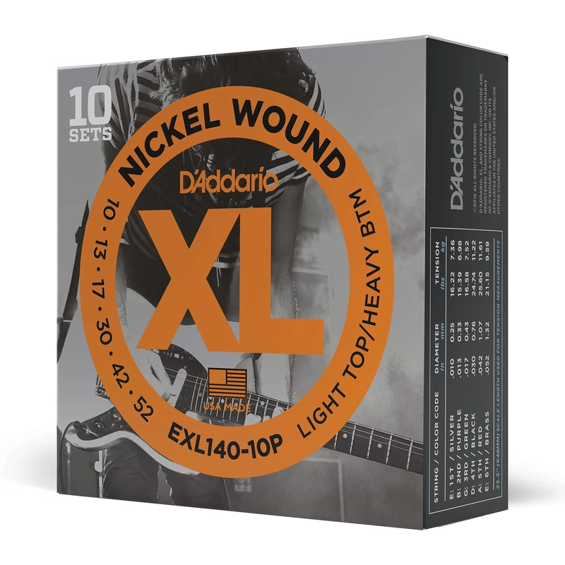 D'Addario EXL140-10P Nickel Wound Electric Guitar Strings, Light Top/Heavy Bottom, 10-52, 10 sets