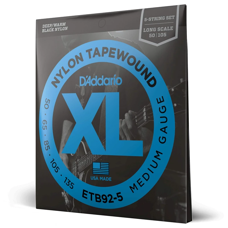 D'Addario Bass Guitar Strings, Tapewound Black Nylon, ETB92-5, Long Scale, Medium Gauge 50-135, 5-String Set, Pack of 1