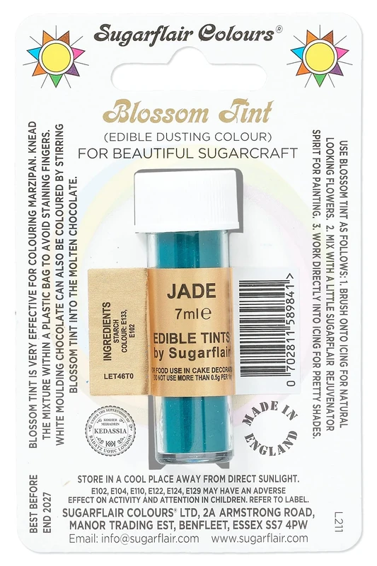 Sugarflair Blossom Tint Jade Food Colouring and Dusting Powder, Matt Finish, Brush On or Mix with Rejuvenator Spirit to Create a One of A Kind Cake - 7ml