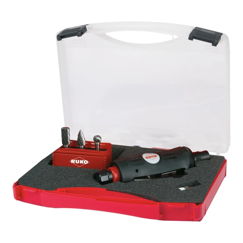 Ruko Tungsten Carbide Compressed Air Grinder Set with Coupling Plug and Tungsten Carbide Rotary Burrs in Plastic Case, Bright Finish, 5 Pieces, 116113