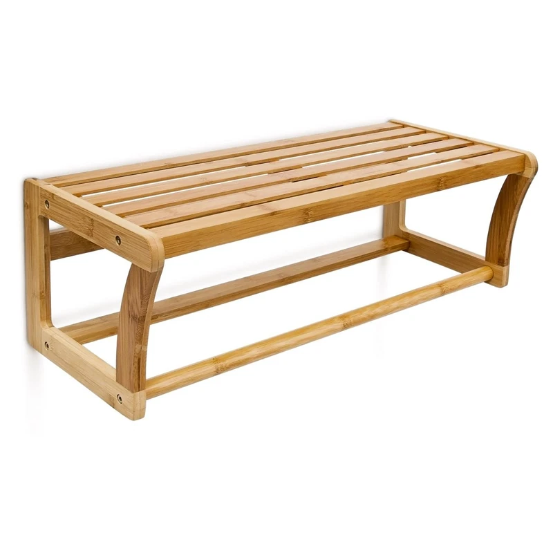 Relaxdays Wall-Mount Bamboo Shelf, 60 X 26 X 20 cm, Bathroom Towel Rack, Natural Brown