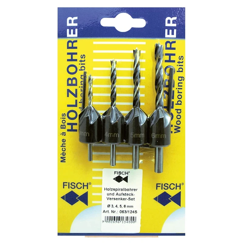 Fisch 063/124S Wood Twist Drill/Countersink Set, 0 V, Silver/Black, 3/4/5/6 mm Diameter, 4-Piece