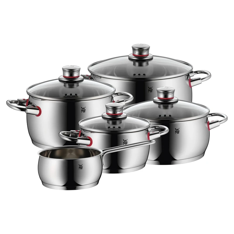 WMF Pot Set 5-Piece Quality One Steam Vent Glass Lid Cromargan® Stainless Steel Polished Suitable for Induction Hobs Dishwasher-Safe, Silver, 56.7 x 29.5 x 29.3 cm