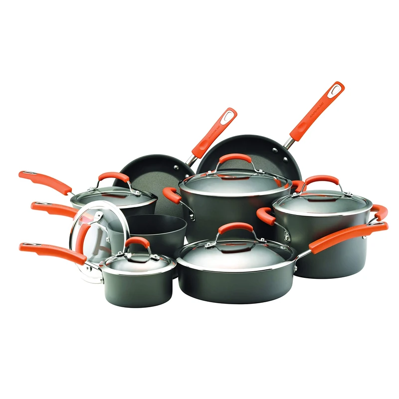 Rachael Ray Hard Anodised Nonstick 8 piece Pots and Pans Set, dishwasher safe with toughened glass lids and orange handles - Image 1