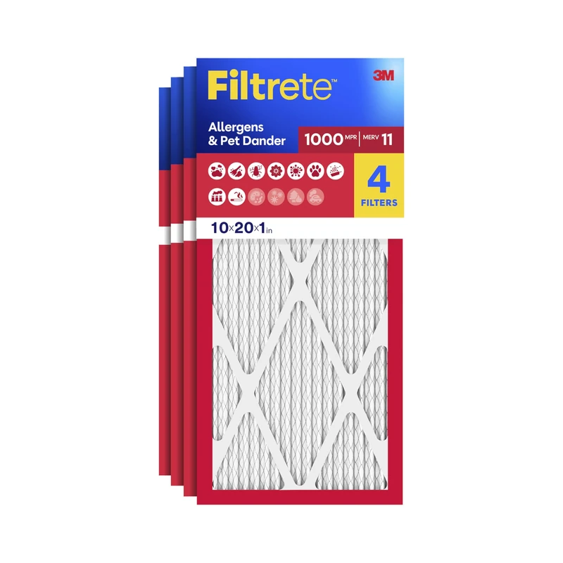 Filtrete 10x20x1 Air Filter, MPR 1000, MERV 11, Micro Allergen Defense 3-Month Pleated 1-Inch Air Filters, 4 Filters