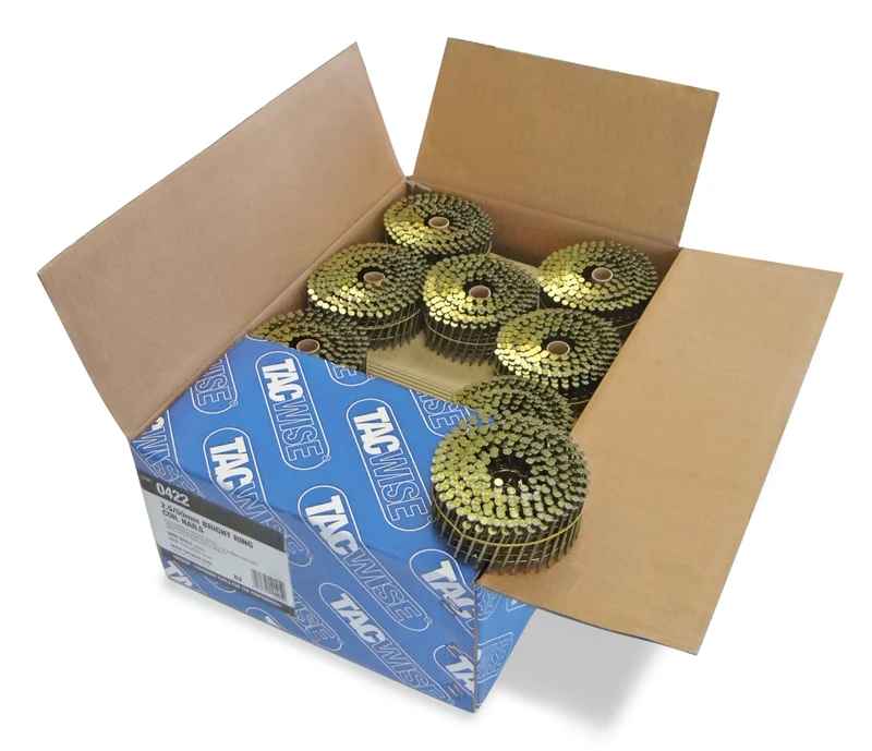 Tacwise 0422 Bright Flat Top Coil Nails Type 2.5 x 50 mm, Diamond Point, Ring Shank, 16° Inclined, Wire Collated, Pack of 9000