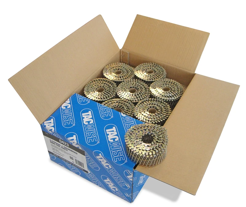 Tacwise 0423 Galvanised Flat Top Coil Nails Type 2.5 x 50 mm, Diamond Point, Ring Shank, 16° Inclined, Wire Collated, Pack of 9000