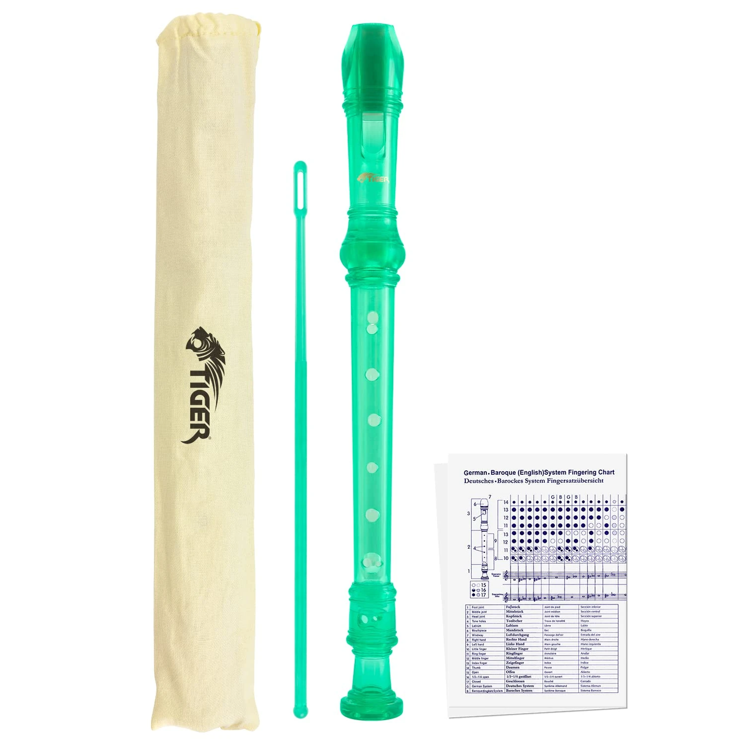 TIGER REC7-GR Descant/Soprano School Recorder with Bag, Cleaning Rod and Fingering Chart, English/Baroque Fingering - Green