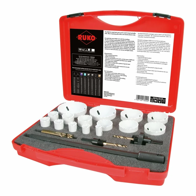 Ruko HSSE-Co 8 Bi-Metal Hole Saw Set in Plastic Case, White Finish, 19 Pieces, R126318