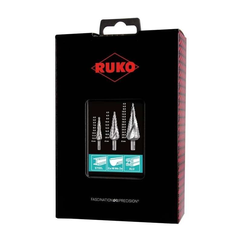 RUKO HSS Spiral Fluted Step Drill Bit Set in Plastic Case, Bright Finish, 3 Pieces, 101026RO