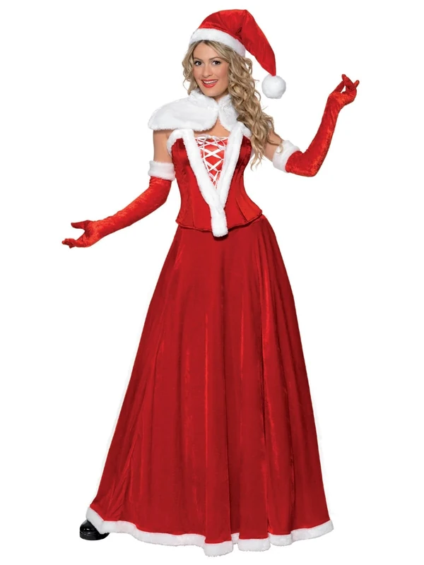 Smiffys Luxury Miss Santa Costume for Women, Elegant Red Christmas Fancy Dress Outfit with Plush Cape, Corset, Full Skirt, Gloves & Hat – Premium Festive Party Costume for Ladies Medium