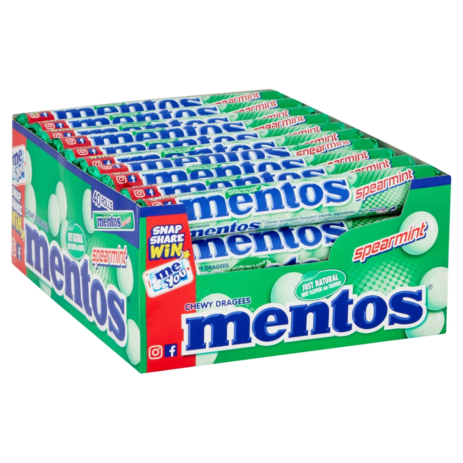 Mentos Spearmint Soft Mints, Refreshing Chewy Sweets With Natural Colours, Suitable for Vegetarians - 40 Rolls