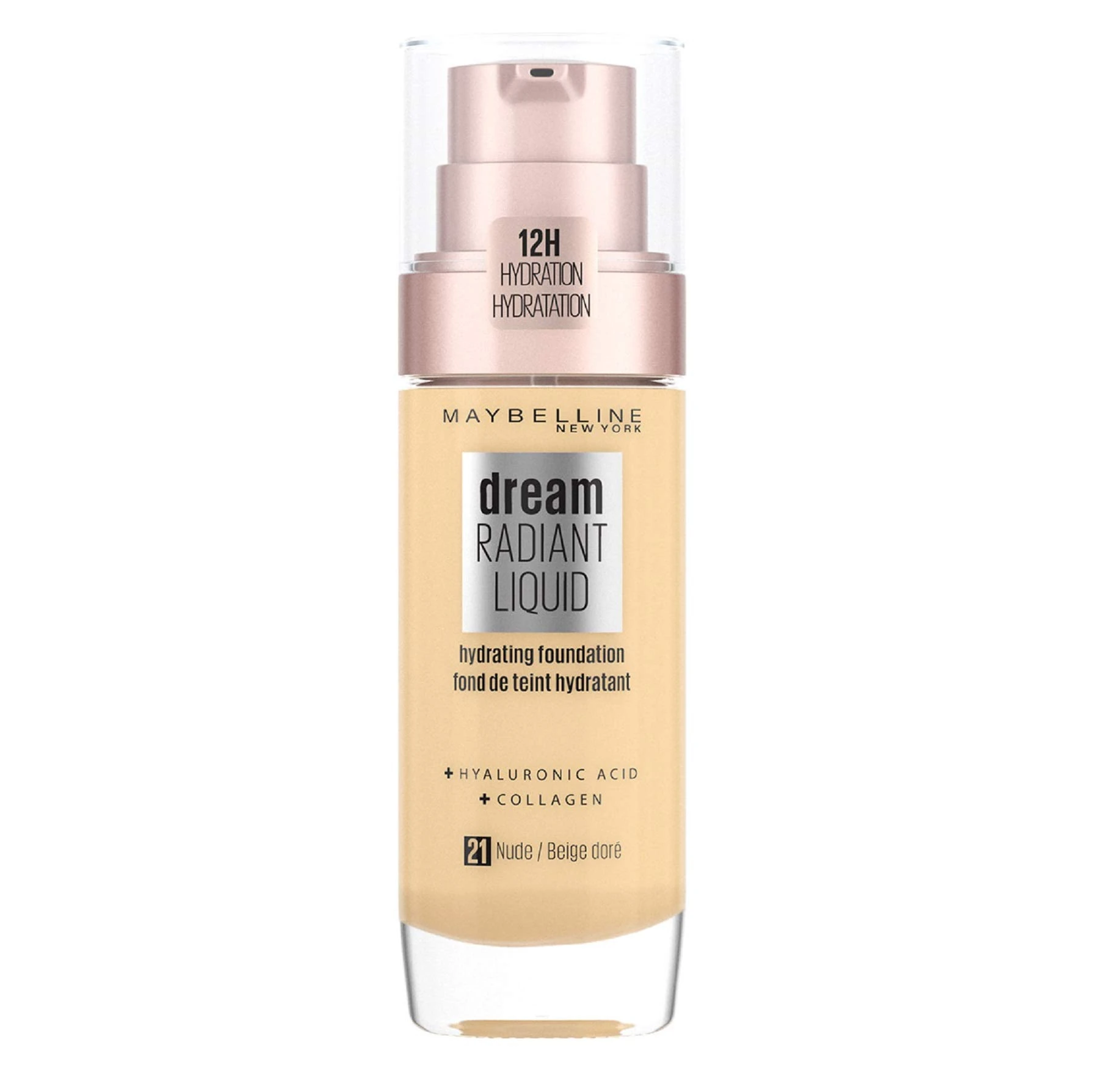 Maybelline Foundation, Dream Radiant Liquid Hydrating Foundation with Hyaluronic Acid and Collagen - Lightweight, Medium Coverage Up to 12 Hour Hydration - 21 Nude