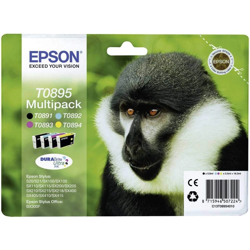 Epson T0895 Monkey Genuine Multipack, 4-colours Ink Cartridges, DURABrite Ink