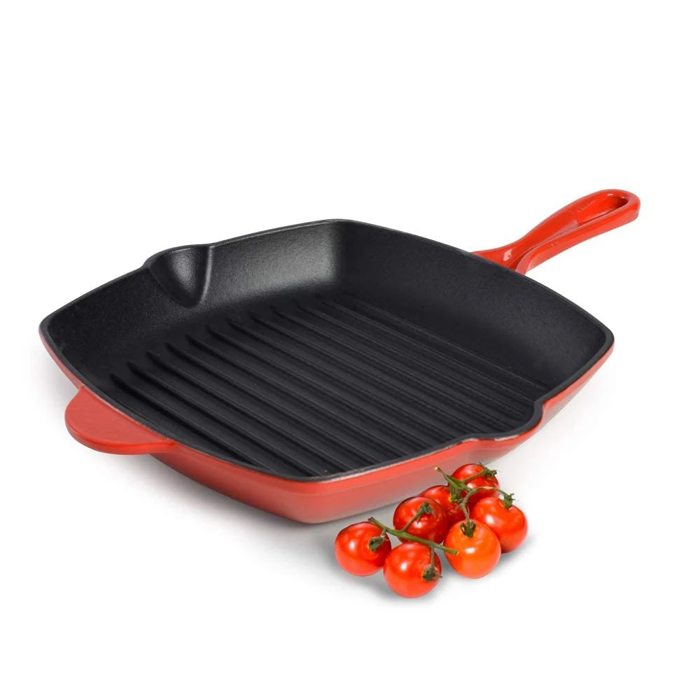 ProCook Red Cast Iron Square Griddle Pan Enamel Coated Professional Heavy Grill Saute Fry Pan Induction Hob Compatible Cookware - 26 x 26 x 4 cm