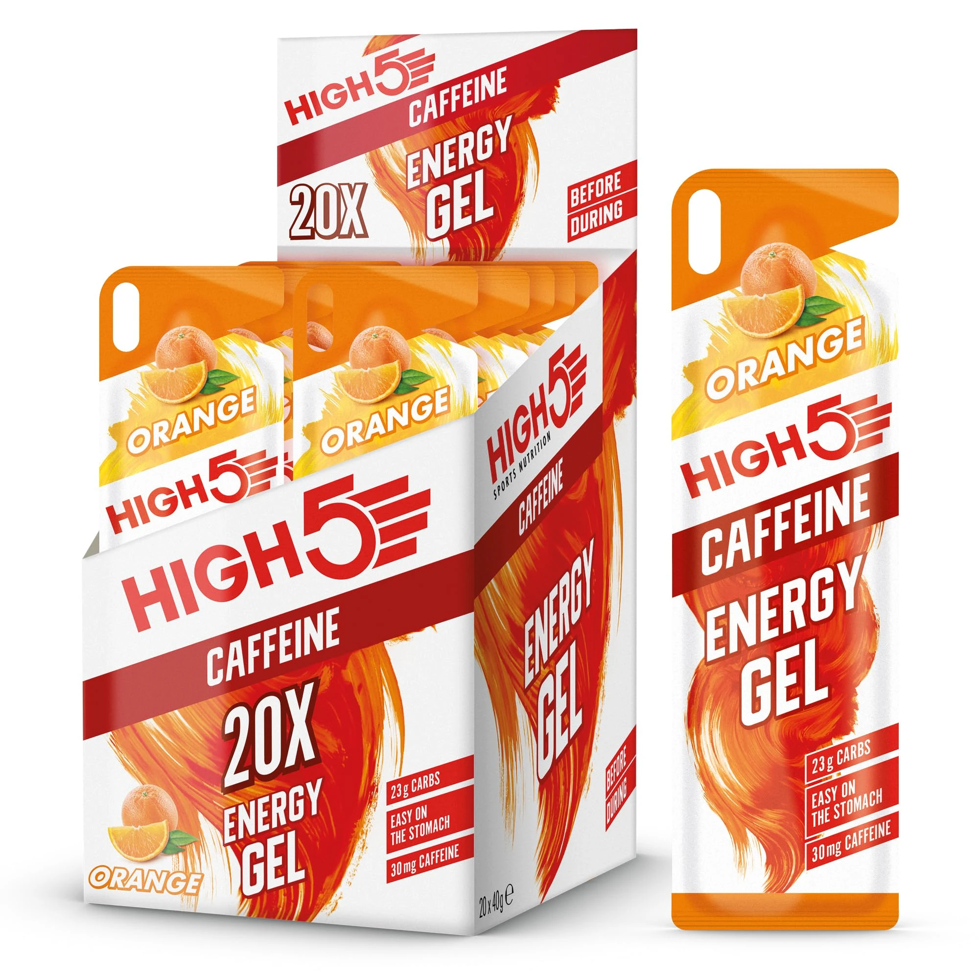 HIGH5 Caffeine Gels Running - Glucose Shots for Instant Energy and Running Fuel - Natural Fruit Juice Energy Shots - Sports Gel for Running, Cycling, Ultra Marathon, Ironman (Orange, 20 x 40g)