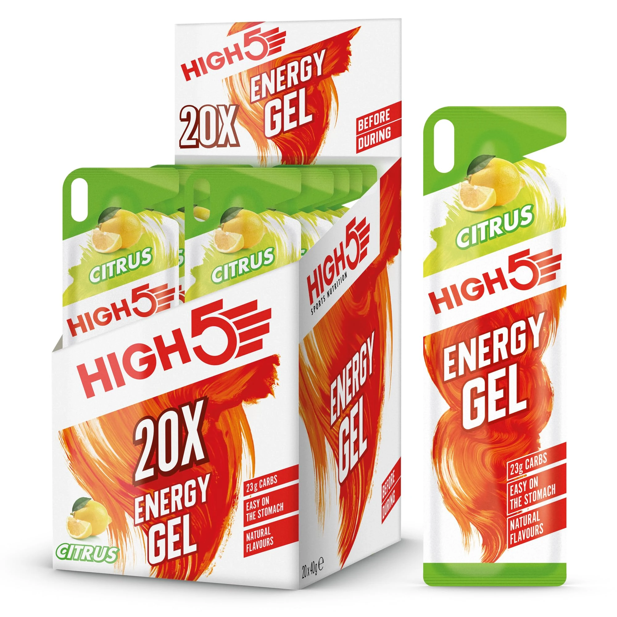HIGH5 Running Gels - Carbohydrate Supplements for Quick Energy Release - Natural Fruit Juice & Caffeine-Free - Instant Energy Boost for Running, Cycling Nutrition & Endurance Sports (Citrus, 20 x 40g)