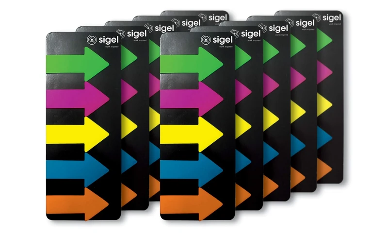 SIGEL HN600 PageMarkers, Index Sticky Notes, Film, Transparent, Big Arrow, 5 colours, 125 strips, pack of 10