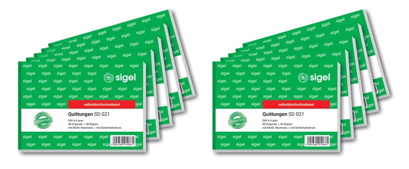 Sigel SD021 Duplicate Invoice Books 'Quittung' ('Invoice') A6 Printed Recto and Verso with Security Print 2 x 40 Sheets Set of 10 [German Import]