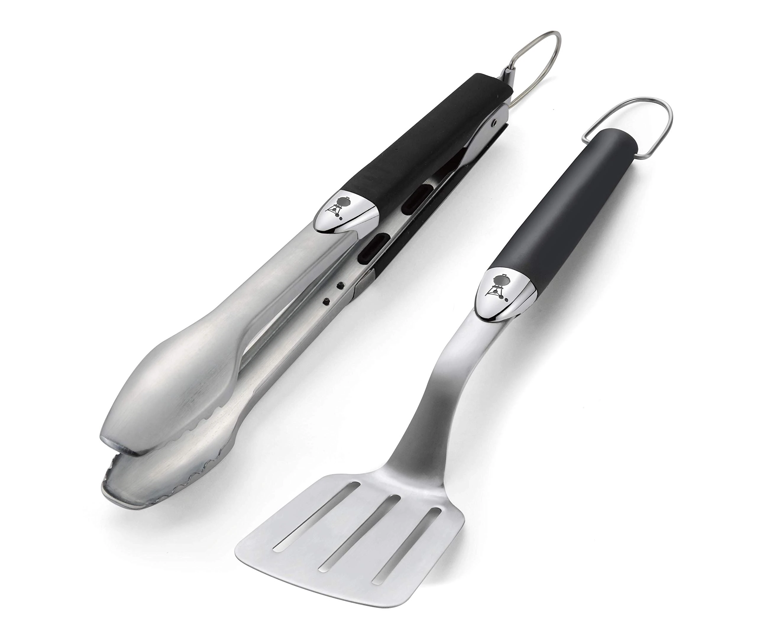 Weber Premium Grill Tool Set - Compact, 2-Piece Made of Stainless Steel, consisting of Grill Tongs (38cm) and Turner (35cm), with Practical Handles, Dishwasher Safe - Silver (6645)