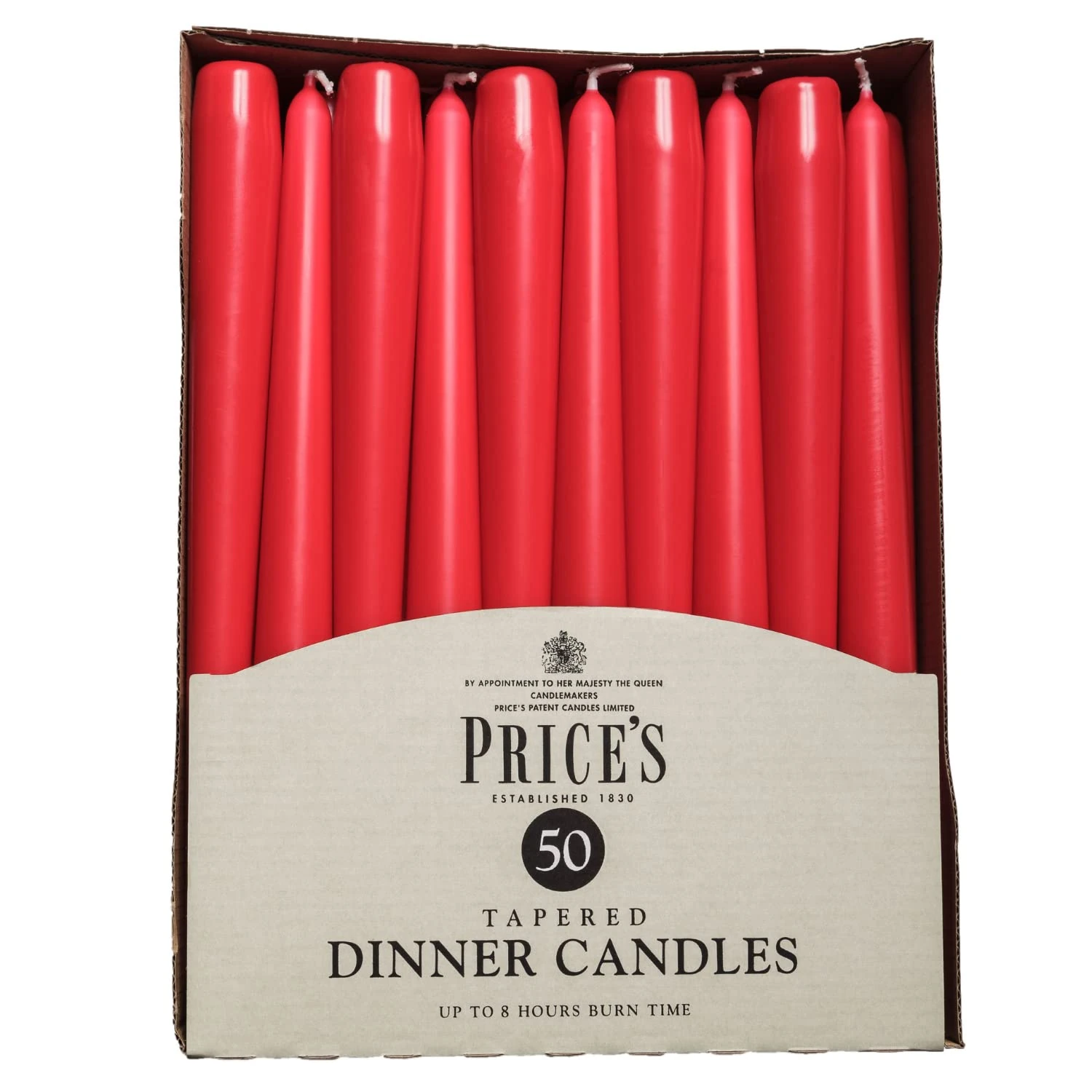 Price's Candles Tapered Dinner Candles Red Unscented Wax Pack of 50 | 7 Hour Burn Time Elegant Long Candles for Home Decor, Events, Celebrations & Dining