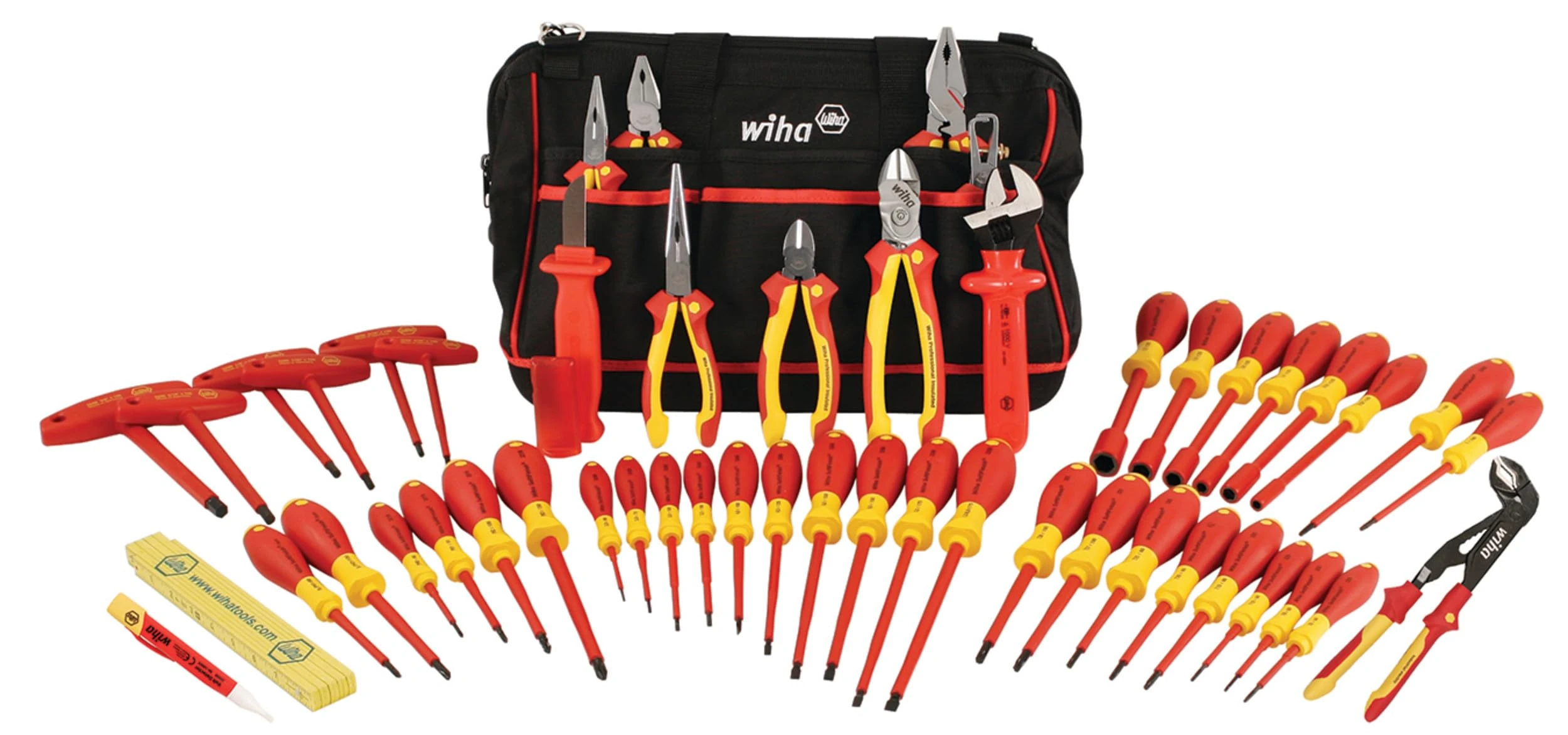 Wiha 32874 Insulated Tool Set with Pliers, Cutters, Nut Drivers, Screwdrivers, T Handles, Knife, Ruler and Voltage Detector, 50 Piece Set in Canvas Tool Bag