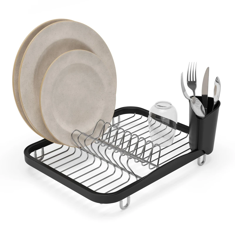Umbra Sinkin Dish Drying Rack – Drainer Caddy with Removable Cutlery Holder – Use In Sink or On Counter, Standard, Black/Nickel