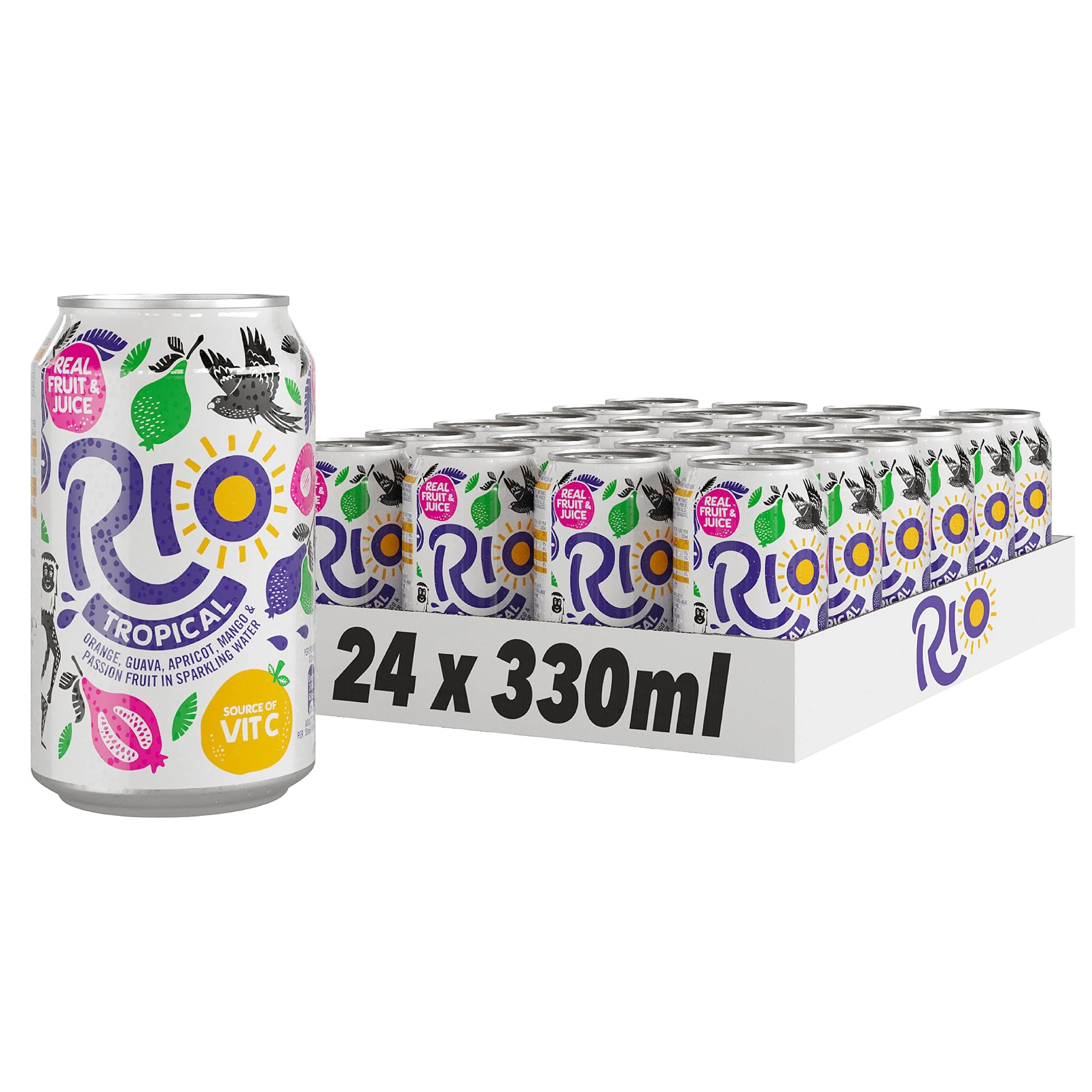 Rio Tropical Original Fizzy 24 Cans Soft Drink Pack with Real Orange, Apricot, Mango, Passion Fruit and Guava Juice Flavours Lightly Sparkling Cans of Pop with Vitamin C 24x330ml