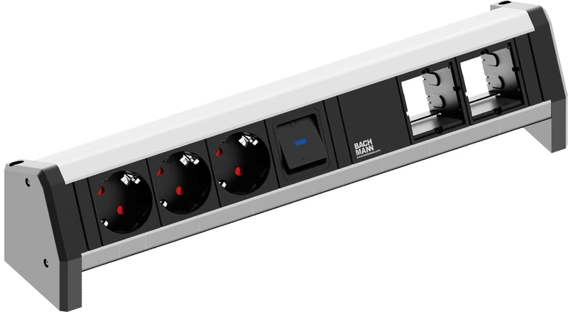 Bachmann DESK 1xSwitch, 3xSchuko & 2xModule GST18 - Power strip -, 902.018 (2xModule GST18 - Power strip - ALU - w/Child protection - 1xSwitch illuminated for outlets & power output)