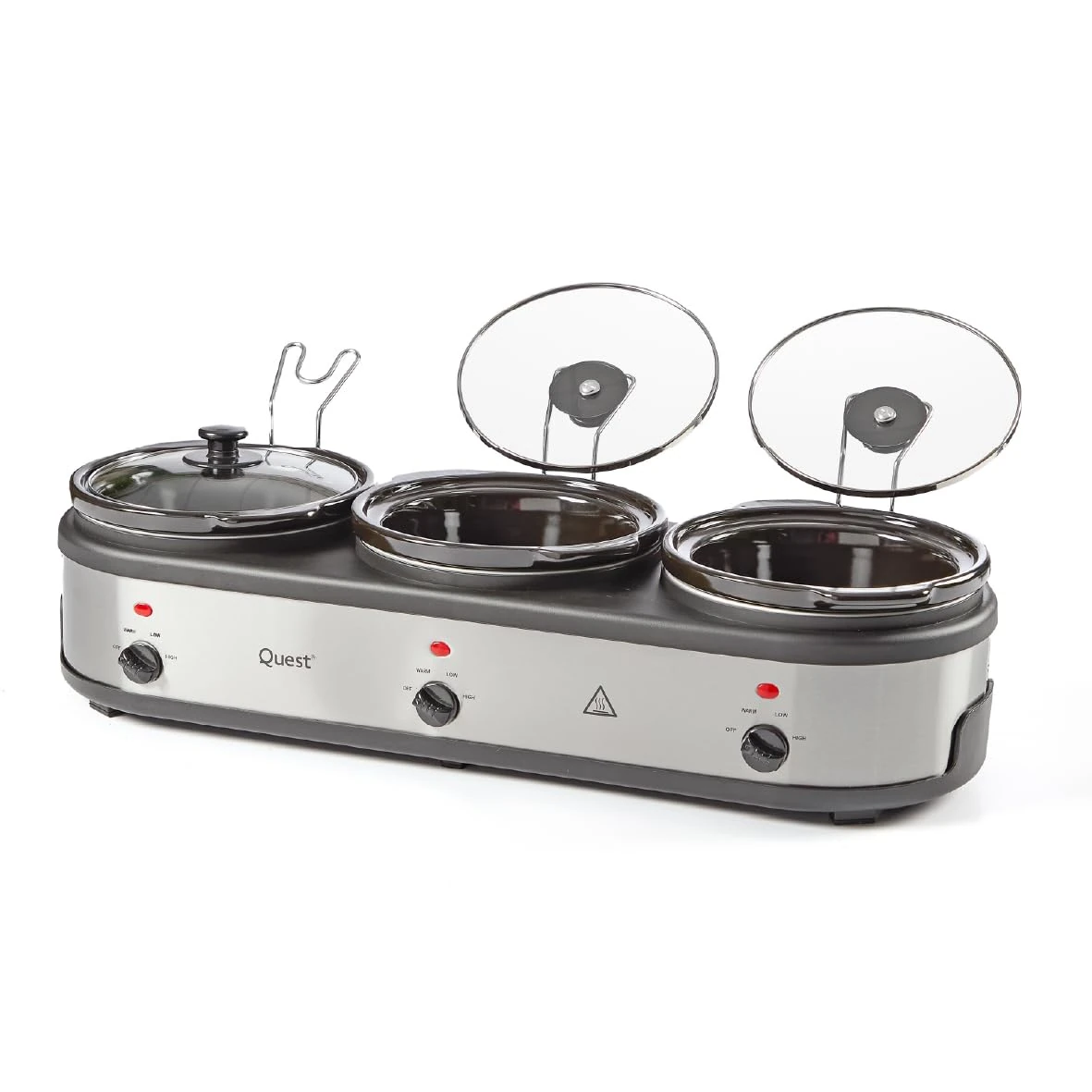 Quest Triple Slow Cooker, Buffet Server & Food Warmer, 7.5L Total Capacity - 3x 2.5 Litre Ceramic Pots, Easy to Clean, Includes Lids & Lid Stands, 3 Heat Settings