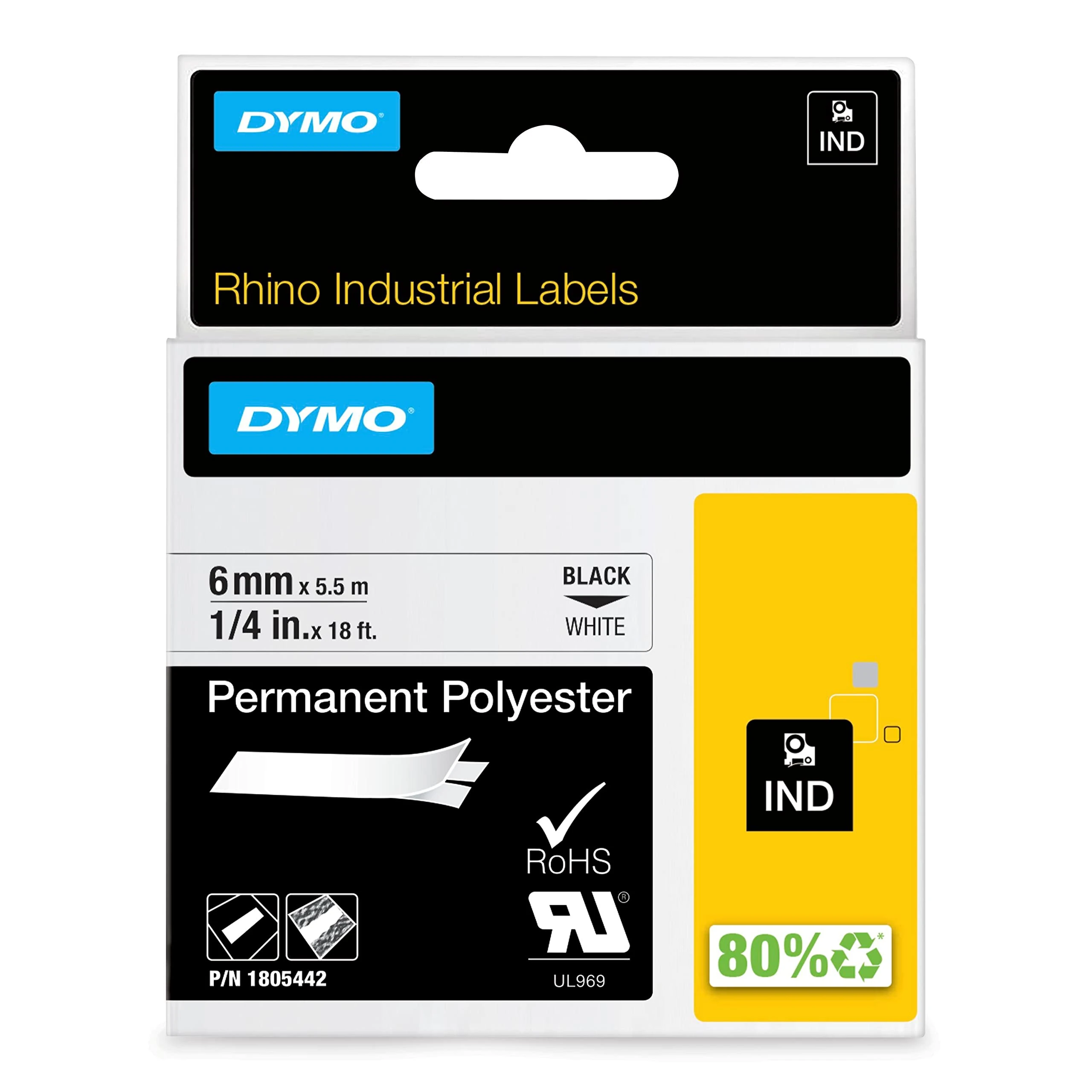 DYMO Rhino Industrial Permanent Polyester Labels | 6 mm x 5.5 m | Black Print on White | Self-Adhesive | for Rhino & LabelManager Label Makers