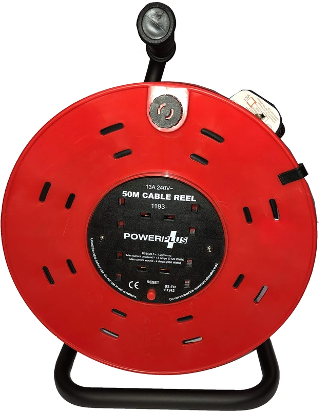 50 m 4 Gang 13 Amp Heavy Duty Cable Reel with Thermal Cut-Out, Metal Stand and Handle
