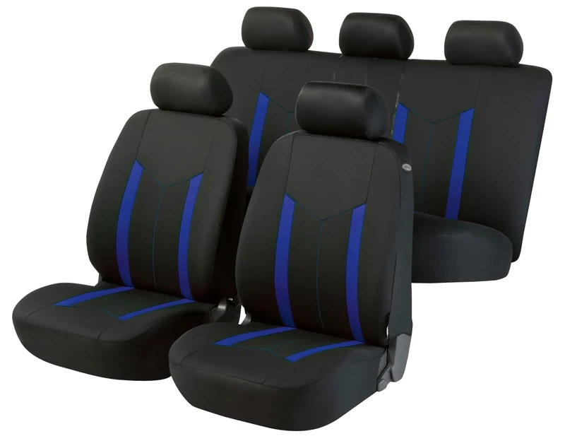 Walser 11808 Car Seat Cover Set with 2x 2-Piece Front Seat Covers / 1x 5-Piece Back Seat Cover Set / 5 Headrest Covers, Blue