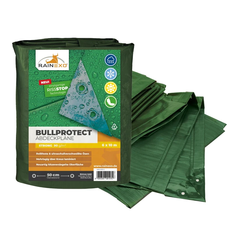 Bio Green Rainexo RX90-6X10-G Tarpaulin 6 x 10m 90g/m² includes Eyelets/ 5 Year Warranty on UV Stability
