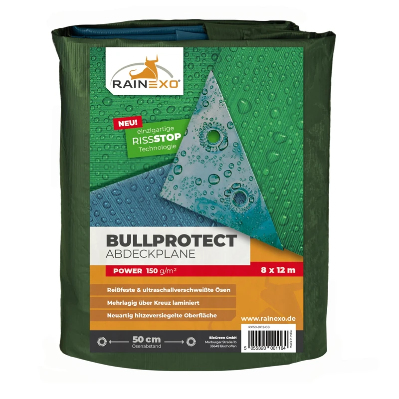 Rainexo Waterproof Outdoor Protection-Cover POWER | 150 g/m² | 8 x 12 m | Furniture/Construction/Greenhouse Cover | Heavy Duty Poly Tarp | Green/Blue