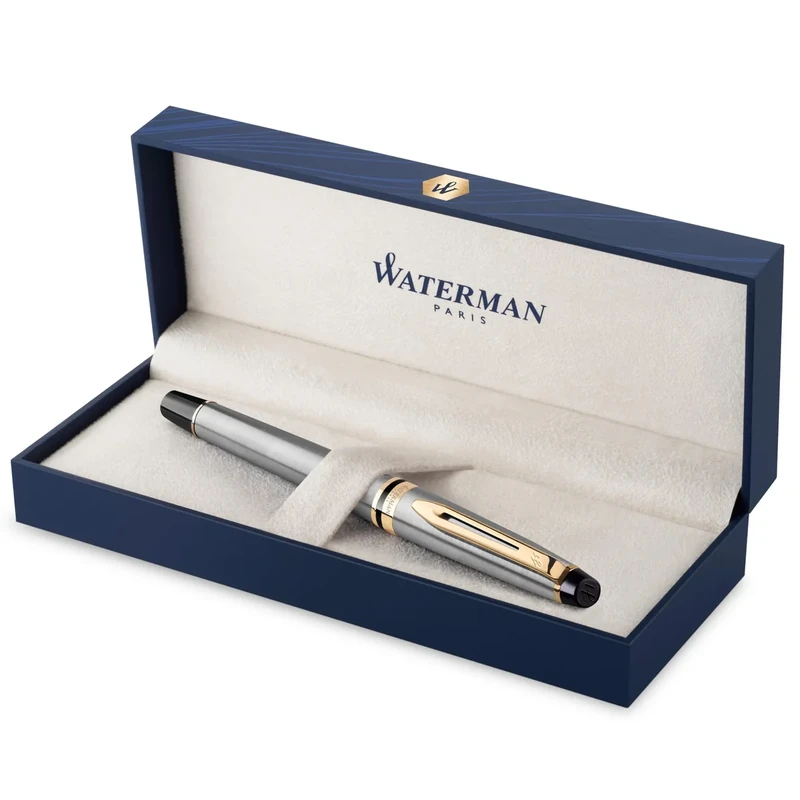 Waterman Expert Fountain Pen | Stainless Steel with 23k Gold Trim | Medium Nib | Gift Box