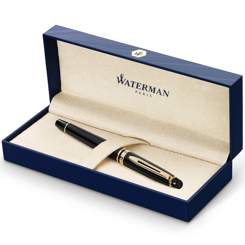 Waterman Expert Rollerball Pen | Gloss Black with 23 k Gold Trim | Fine Point | Black Ink | Gift Box