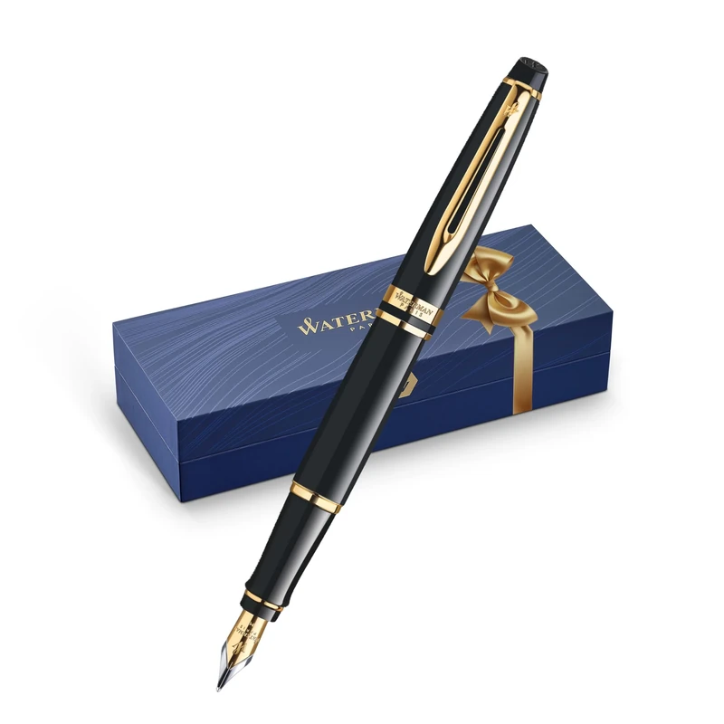 Waterman Expert Fountain Pen | Gloss Black with 23k Gold Trim | Medium Nib | Gift Box